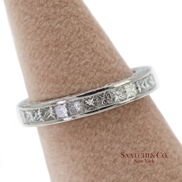 Early 21st Century Platinum 950 All Around Natural Diamond Princess Cut Engraving Band Ring, Size 6 For Sale - Image 5 of 7