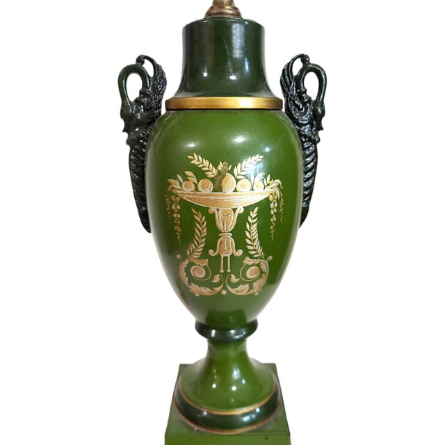 Vintage French 20th C Designer Empire Style Green & Gold Swan Urn Lamp For Sale - Image 10 of 17