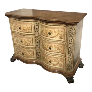 1990s Italian Hand Painted Wood Three Drawer Chest With Faux Marbleized Top