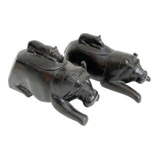 African Folk Art Figurines - Black Carved Wood Lidded Hippos For Sale