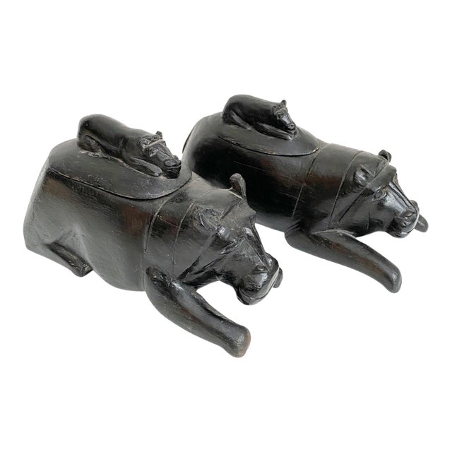 African Folk Art Figurines - Black Carved Wood Lidded Hippos For Sale