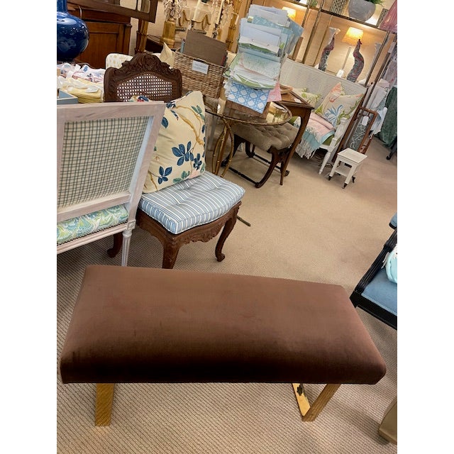 Mid Century Modern Polished Brass Bench With Chocolate Brown Velvet Seat For Sale - Image 9 of 9