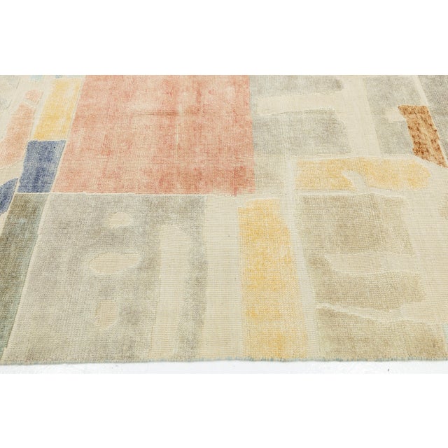 Sand Modernist Cubist Style Handcrafted Wool Area Rug Soft Terracotta, Ochre & Indigo For Sale - Image 8 of 12