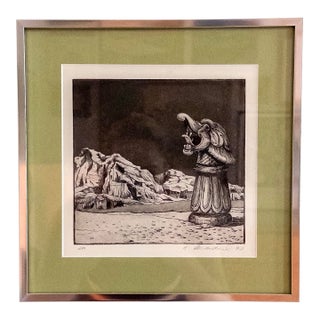 Vintage 1990 Surrealist Ink Drawing in Silver Frame For Sale