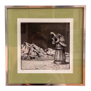 Vintage 1990 Surrealist Ink Drawing in Silver Frame