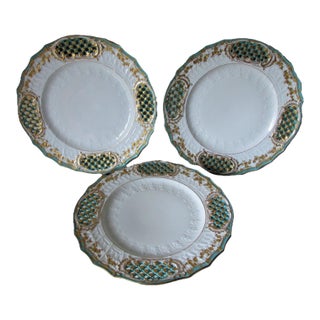 3 Fine Antique Porcelain Plates by Fischer and Mieg, Gilt Gold, Lattice Motif For Sale