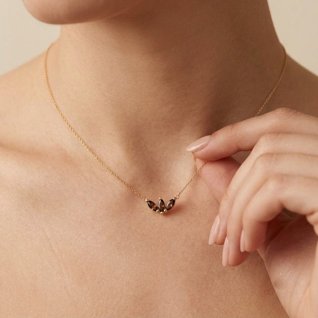 Contemporary Smoky Quartz Dainty Necklace | Brown Marquise Gemstone Necklace | 18k Gold Plated Minimalist Necklace For Sale - Image 3 of 3