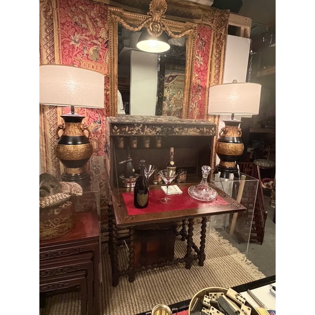 Jacobean Style Tapestry Covered Desk on Barley Twist Base For Sale - Image 14 of 17