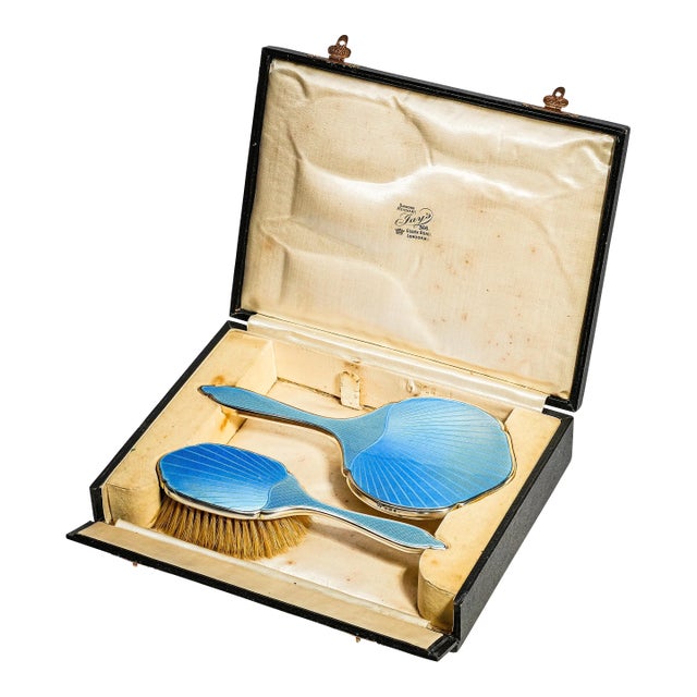 Amazing Antique Guilloche Enamel Sterling Silver Mirror & Brush Set Boxed London 1930 Art Deco Luxury For Sale