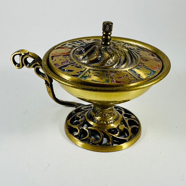 Folk Art Early 20th Century Miniature Brass Zodiac Incense Burner With Enameled Astrological Signs For Sale - Image 3 of 5