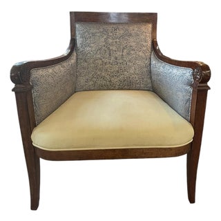 Neoclassical Walnut Lounge Chair With Paisley Upholstery Transitional Designer Accent Chair For Sale