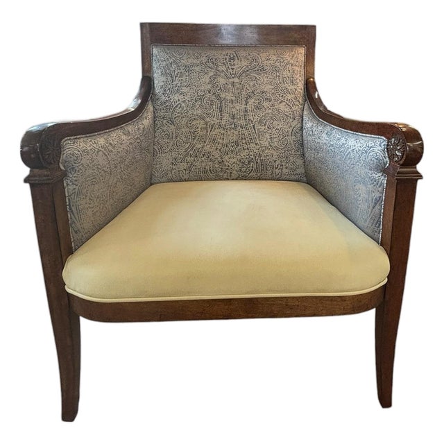 Neoclassical Walnut Lounge Chair With Paisley Upholstery Transitional Designer Accent Chair For Sale
