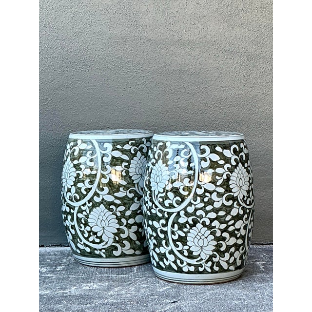 Vintage Glazed Ceramic Floral Garden Stool - A Pair For Sale - Image 10 of 12