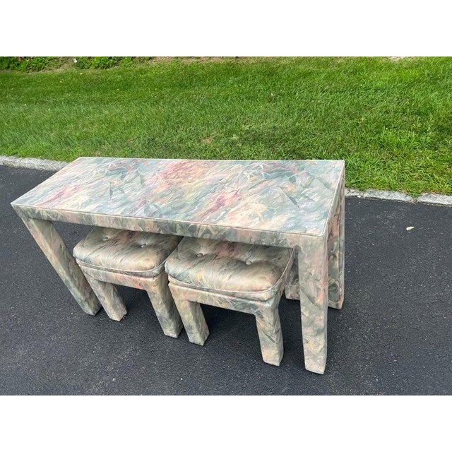 Mid-Century Modern Parsons Console Table With Upholstered Ottomans For Sale In New York - Image 6 of 18