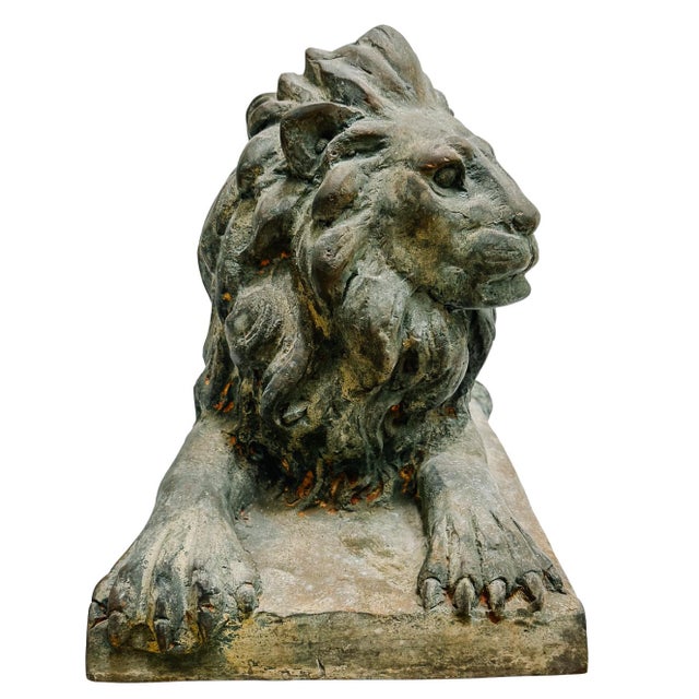 Early 20th Century Grand Scale Vintage Continental European Patinated Bronze Recumbent Lions - Pair For Sale - Image 5 of 18