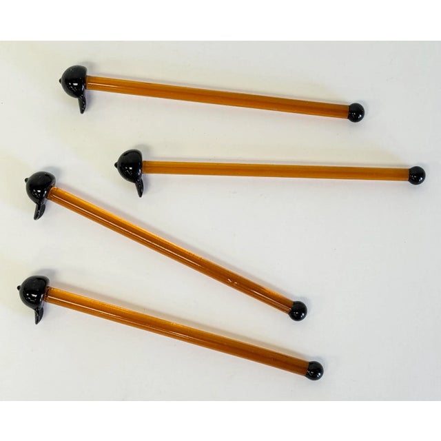 Charming set of four (4) vintage drink swizzle stir sticks made by Culver Ltd. Hand crafted blown glass in the shape of...