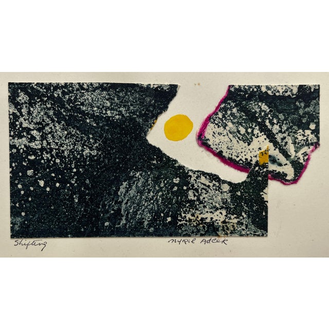 Myril Adler "Shifting" c.1960s Intaglio etching collage, ink on paper 5.25"x2.5" site unframed Signed and titled in ink...