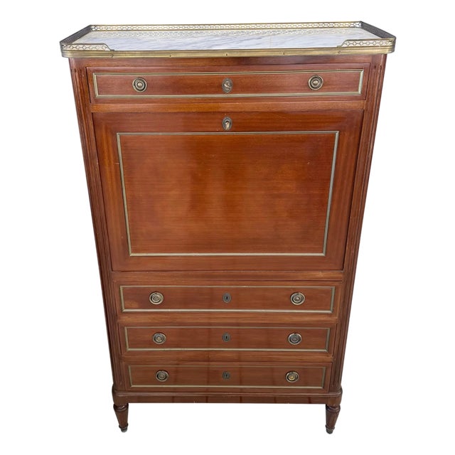 19th Century French Louis XVI Mahogany Secretary Desk Carrara Marble Top For Sale
