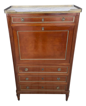 19th Century French Louis XVI Mahogany Secretary Desk Carrara Marble Top