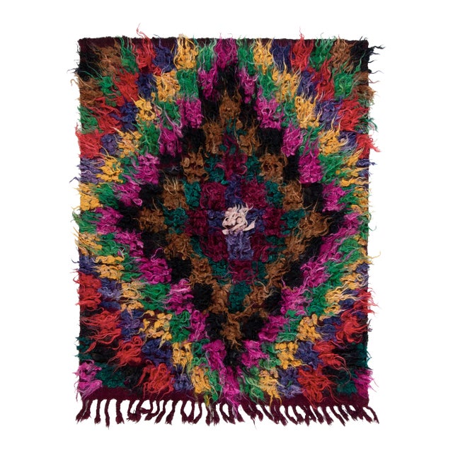 1950s Vintage Tulu Rug in Multicolor Geometric Pattern, Shag Pile For Sale