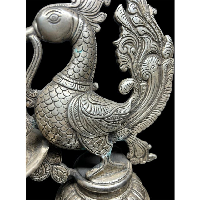 Mid Century Indian Brass Tin Ceremonial Oil Lamp Swan Bird Yali, South India Hand Made For Sale - Image 9 of 10