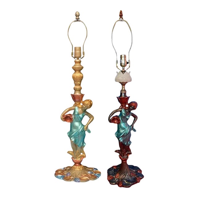 Vintage Water Nymph Spelter Table Lamps - a Pair For Sale