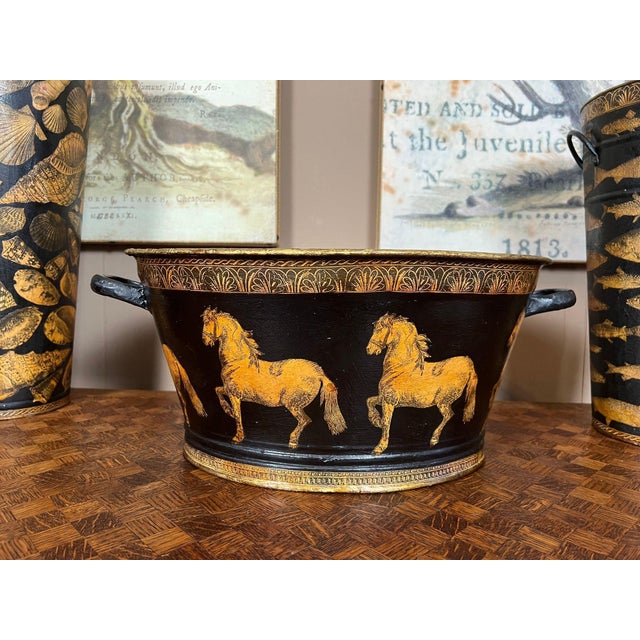 Antique English Planter Jardiniere Horse Equine Black Decoupage Tole Metal C1900 For Sale - Image 10 of 18