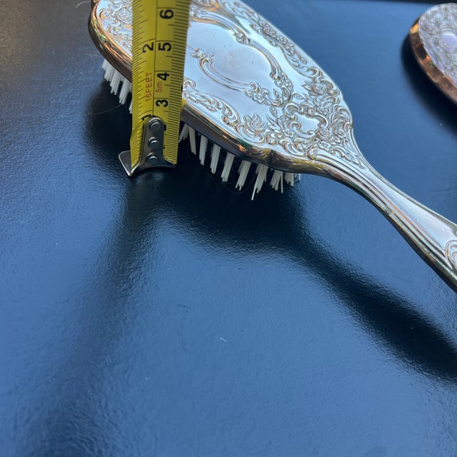 Trio Vintage Silver Plated Vanity Set- Hand Held Mirror, Brush, and Comb For Sale - Image 10 of 10