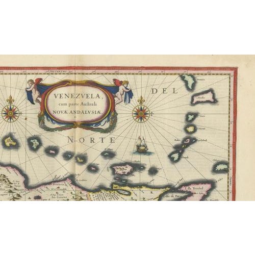 17th Century Venezuela Map with Caribbean & Nueva Andalusia from Blaeu, 1642 For Sale - Image 5 of 12