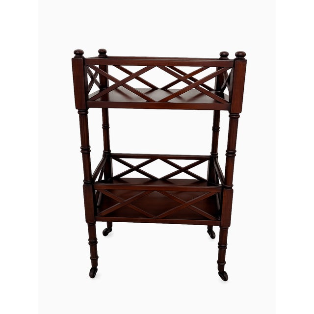 Mid-Century Modern Traditional Two-Tier Plantation Cherry Side Table With Casters & Fretwork Detail For Sale - Image 3 of 6