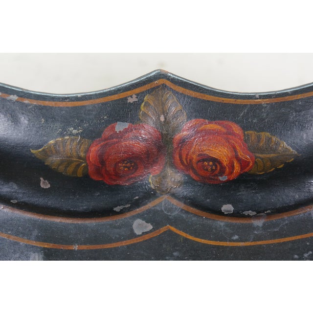 Black Antique Hand Painted Scaloped Floral Rose Toleware Serving Tray For Sale - Image 8 of 12