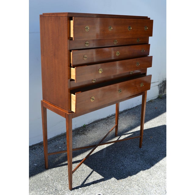 1960s 1960 Baker Furniture Mahogany Federal Style Chest on Stand Ornate Brass Hardware For Sale - Image 5 of 11
