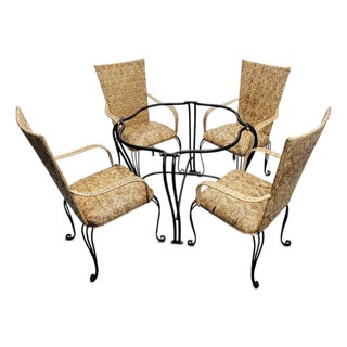 Late 20th Century French Bistro Style Wrought Iron & Maze-Woven Rattan Dining Suite, 5 Pc Set For Sale