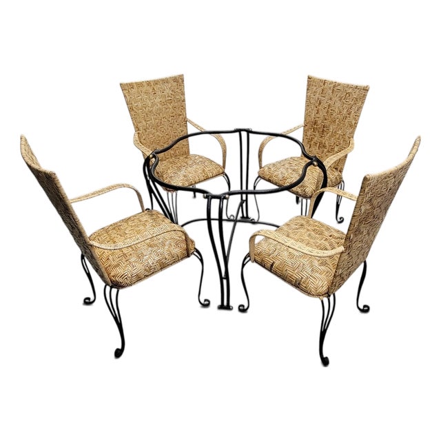 Late 20th Century French Bistro Style Wrought Iron & Maze-Woven Rattan Dining Suite, 5 Pc Set For Sale