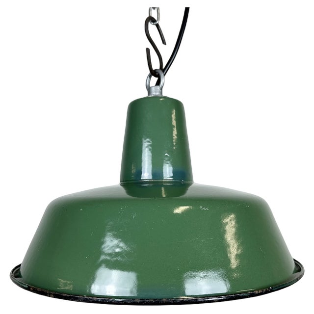 Small Industrial Green Enamel Pendant Lamp, 1960s For Sale