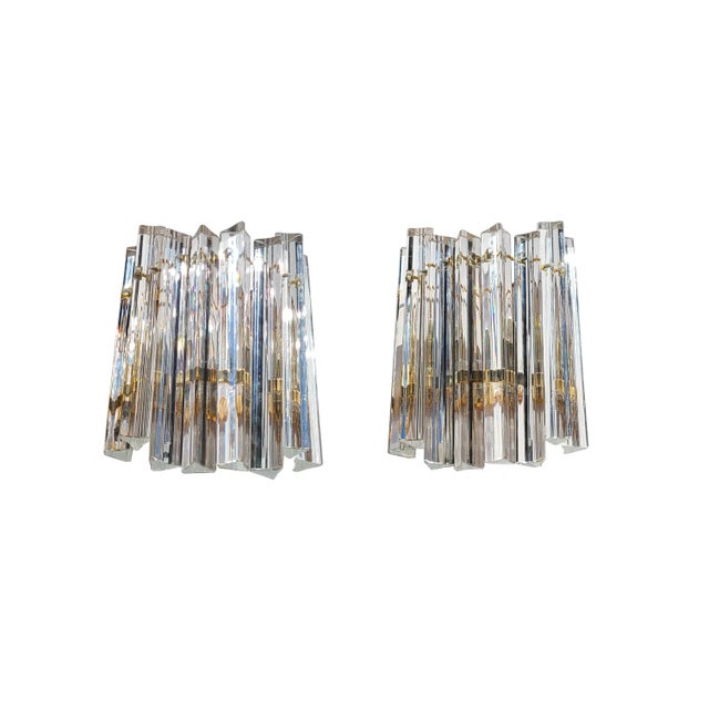 Hollywood Regency Curved Italian Murano Crystal Rib Prism Chandelier & Sconces in the Manner of Venini For Sale - Image 3 of 11