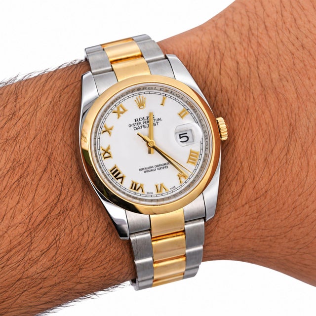 Rolex Datejust 116203 36mm White Roman Dial Two-Tone 18k Gold Oyster Watch For Sale - Image 9 of 9