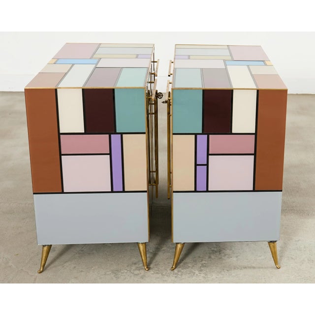 Pair Italian Midcentury Mondrian Style Glass Brass Cabinets For Sale - Image 13 of 18