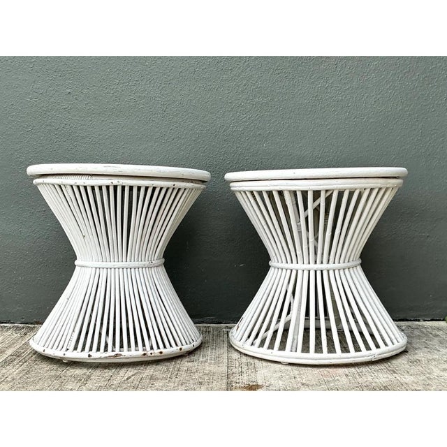 Vintage White Stick Rattan Hourglass Tables - A Pair For Sale - Image 9 of 12