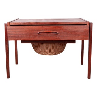 Vintage Danish Teak and Rattan Sewing Table by Johannes Andersen for Uldum Møbelfabrik, 1960s For Sale
