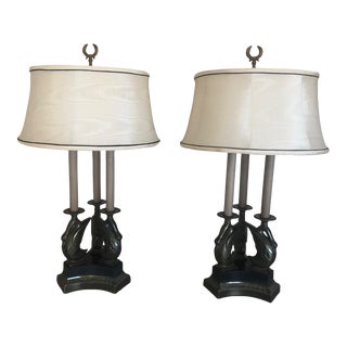 1990s Ethan Allen Bronze Empire Triple Swan Table Lamps - a Pair For Sale