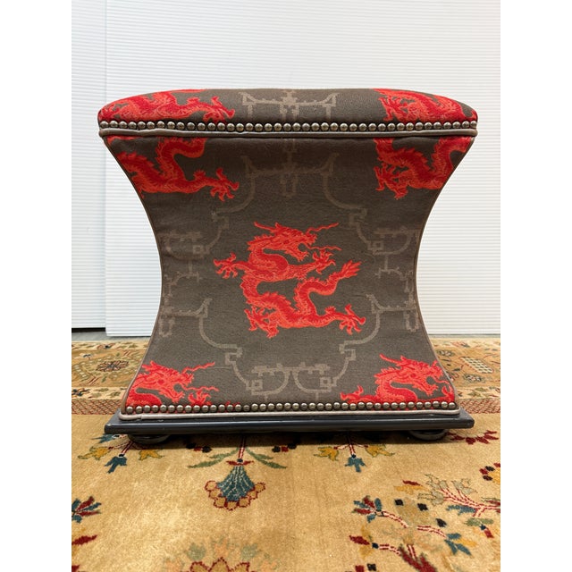 Design Plus Gallery presents a Printed Ottoman with a Luxurious Chinoiserie Style. The woven wool upholstery has a dark...