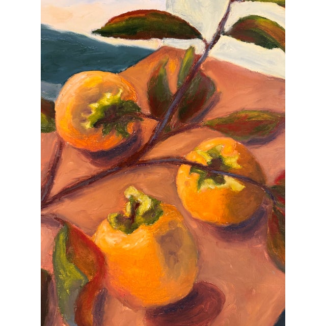 This oil painting on linen was done en plein aire (in the open air, onsite) in Tuscany where the persimmons were picked...