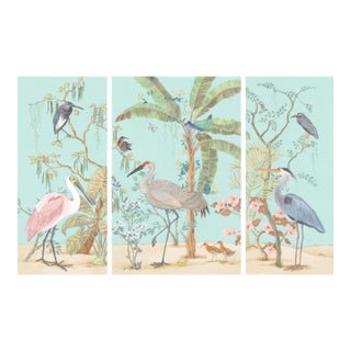 “Marsh Madness” Spoonbill, Heron, Crane Chinoiserie Coastal Painting by Allison Cosmos - Set of 3 For Sale