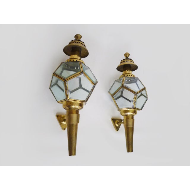 Vintage Carriage Lantern Wall Sconces in Brass and Glass, 1960s, Set of 2 For Sale - Image 4 of 11