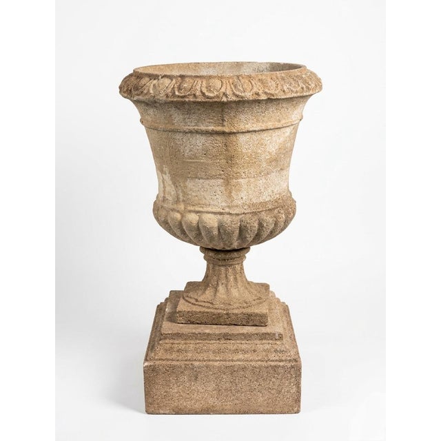 Neoclassical Pair of Neoclassical Style Weathered Cast Stone Campana Urns on Pedestals For Sale - Image 3 of 12