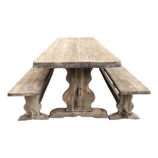 Monastery‑Style Table with Benches, Set of 3 For Sale