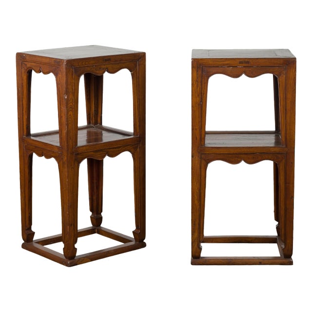 Chinese Late Qing Dynasty Tiered Lamp Tables with Carved Aprons - A Pair For Sale