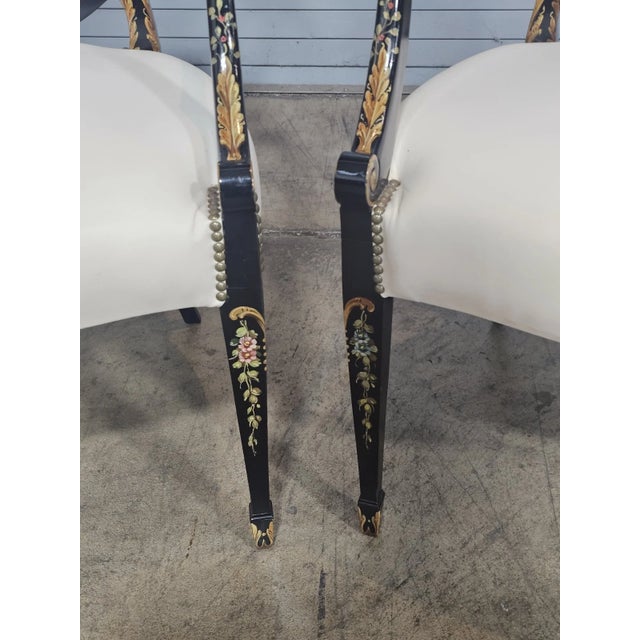 Late 20th Century Pair of Karges Hepplewhite Plum Arm Chairs Ebonized, Carved Hand Painted Leather Fabric For Sale - Image 9 of 14