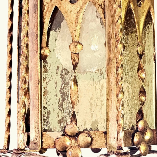 Spanish Revival Brass Lantern With Amber Glass Panels – Addison Mizner Gothic Mediterranean Pendant Light For Sale - Image 12 of 15